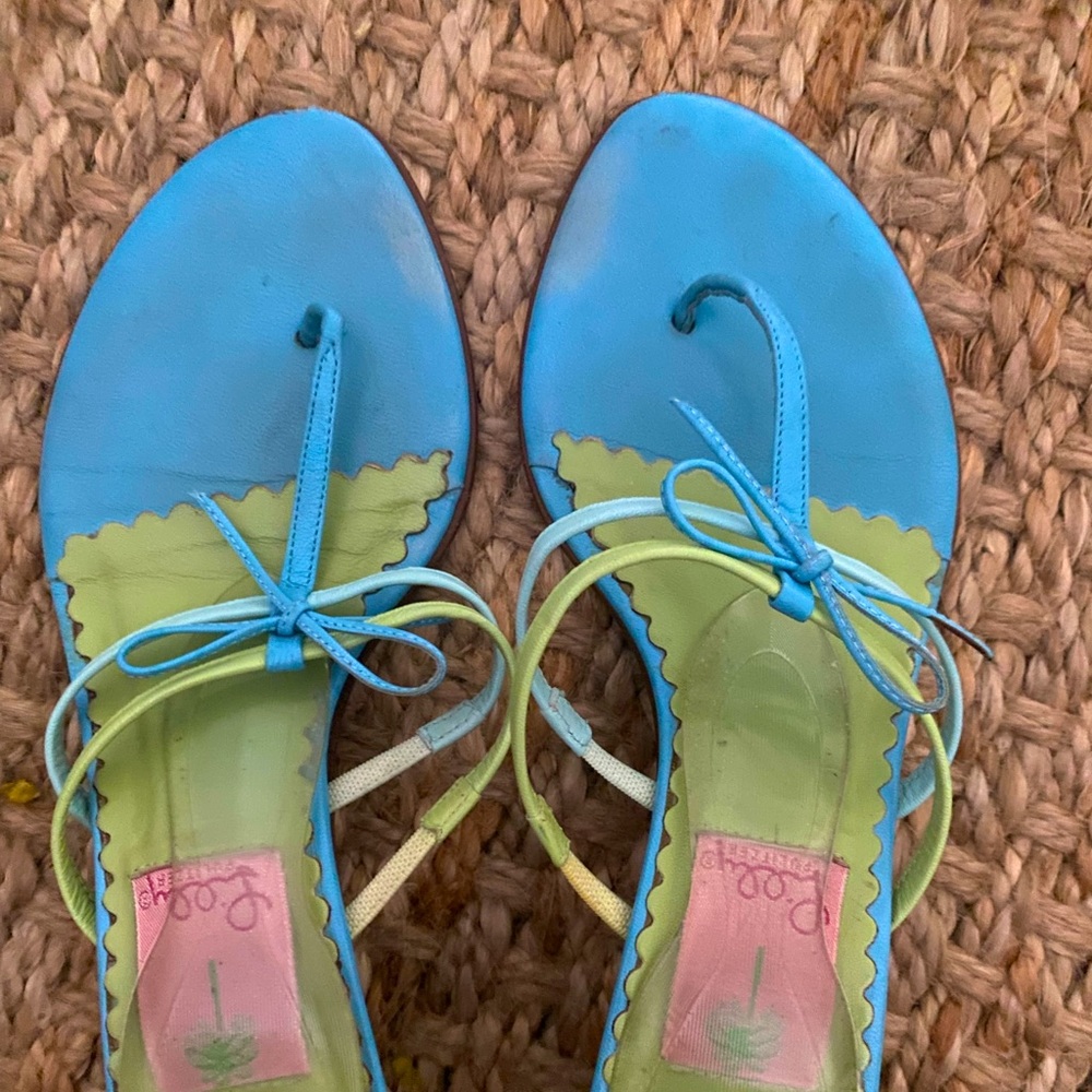 Turquoise and lime kitten heel thong sandals